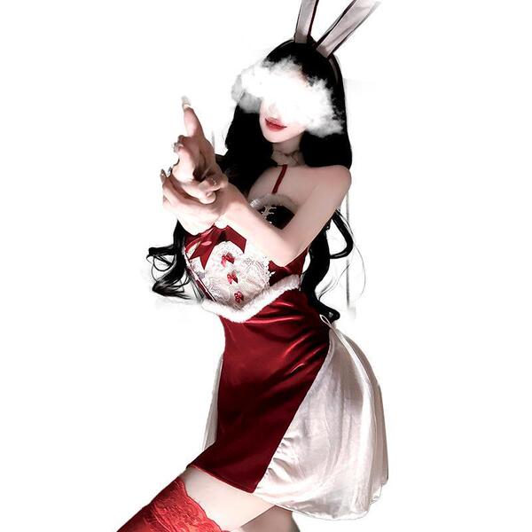 Elegant red velvet christmas-themed lingerie set featuring a qipao sleep dress and bunny cosplay outfit, perfect for festive ...
