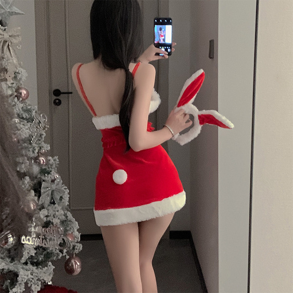 Sexy red velvet christmas sleep dress with bunny ears, perfect for new years eve role play and party costumes.
