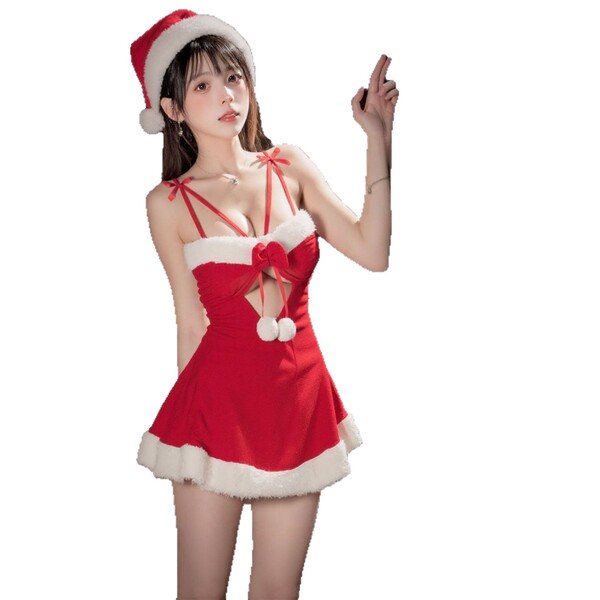 Sexy christmas-themed lingerie set featuring a festive santa hat, red velvet design with white trimmings, perfect for holiday...