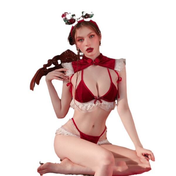 Sexy christmas velvet lingerie set featuring a festive sleep dress and naughty new year costume outfit, perfect for date nigh...