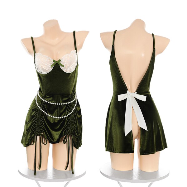 Christmas vintage velvet lace deep v sexy sleep dress – retro erotic nightwear for new year, featuring pearl accents and bow ...