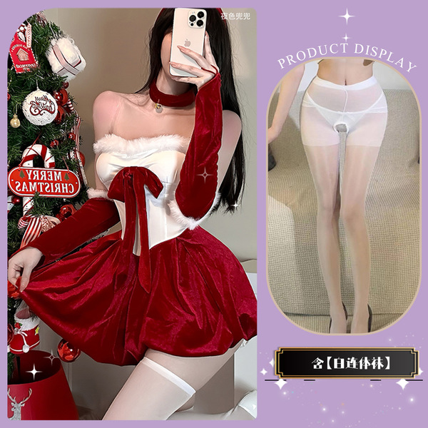 QingShe Sexy Christmas Bunny Girl Costume Set - Seductive Holiday Lingerie Outfit, Pure-Temptation Short Robe Ensemble - Christmas outfit + white bodysuit [gift box]