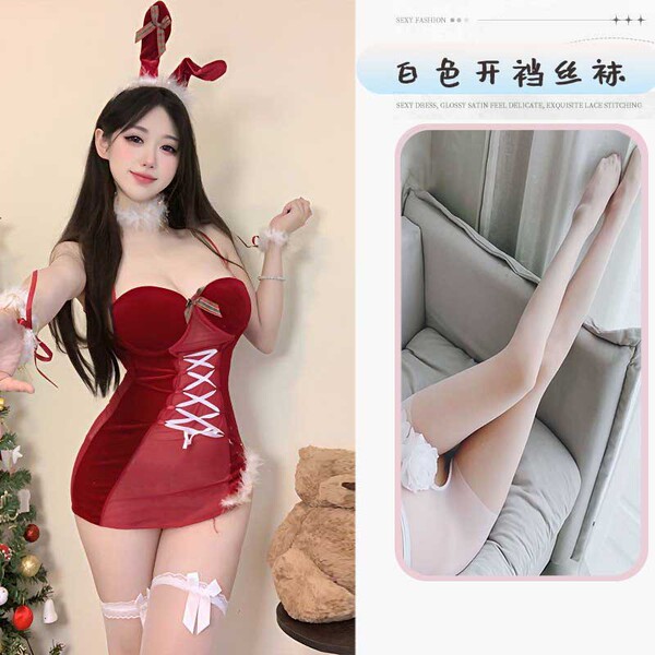 Sexy Christmas Bunny Costume for Women - Holiday Party Outfit, Cosplay & Boudoir Lingerie Ensemble - Christmas outfit + white open-crotch stockings