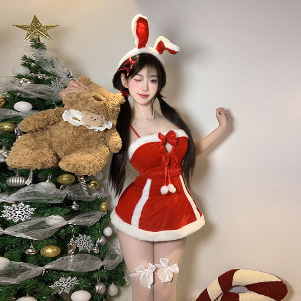 Christmas Lingerie Set for Women - Busty Sexy Bunny Costume, New Year Party Outfit, Cosplay & Naughty Holiday Wear - Christmas style + white bow stockings