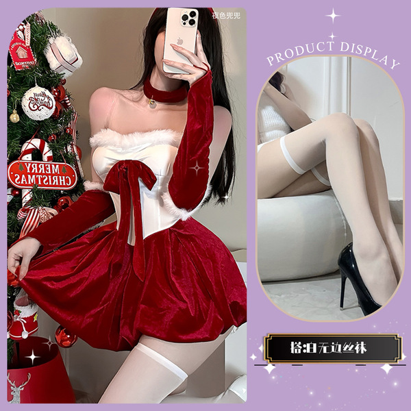QingShe Sexy Christmas Bunny Girl Costume Set - Seductive Holiday Lingerie Outfit, Pure-Temptation Short Robe Ensemble - Christmas outfit + white brimmed stockings [Gift Box Set]