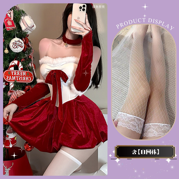 QingShe Sexy Christmas Bunny Girl Costume Set - Seductive Holiday Lingerie Outfit, Pure-Temptation Short Robe Ensemble - Christmas outfit + white fishnet stockings [Gift Box Set]