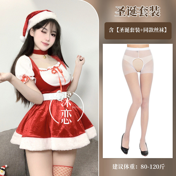 Velvet Christmas Lingerie Set - Sexy Role Play Sleep Dress & Holiday Costume Outfit for Women - Christmas outfit + white open-crotch socks