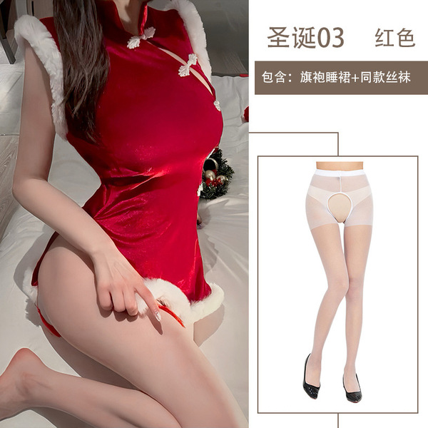 Misty Romance Lingerie Set - Sexy Christmas Uniform, New Chinese Style Qipao for Couples, Pure & Tempting Holiday Outfit - Christmas outfit + white open-crotch socks