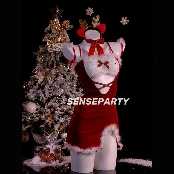 Sexy christmas-themed lingerie set featuring a festive red dress with reindeer antlers, perfect holiday costume outfit.