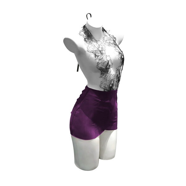Chu rui womens deep v-neck bodycon secretary skirt with adjustable ties, featuring a sleek purple satin finish and elegant bl...