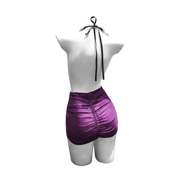 Purple satin secretary skirt with adjustable ties, deep v-neck bodycon design for womens office wear by chu rui.