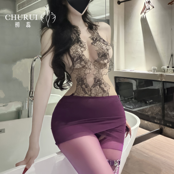Woman wearing chu rui deep v-neck lace bodycon dress with purple skirt, posing seductively in a modern bathroom setting.