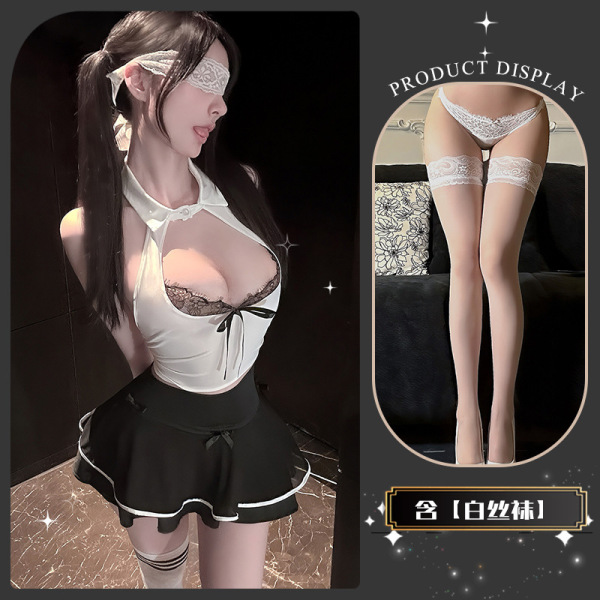 Lace JK Style Sensual Lingerie Set with Bow Detail - Busty Sheer Peek-a-Boo Maid Outfit - Tears streaming down her face + white stockings