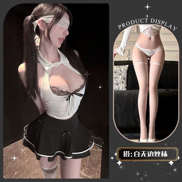 Lace JK Style Sensual Lingerie Set with Bow Detail - Busty Sheer Peek-a-Boo Maid Outfit - Tears streaming down her face + white stockings