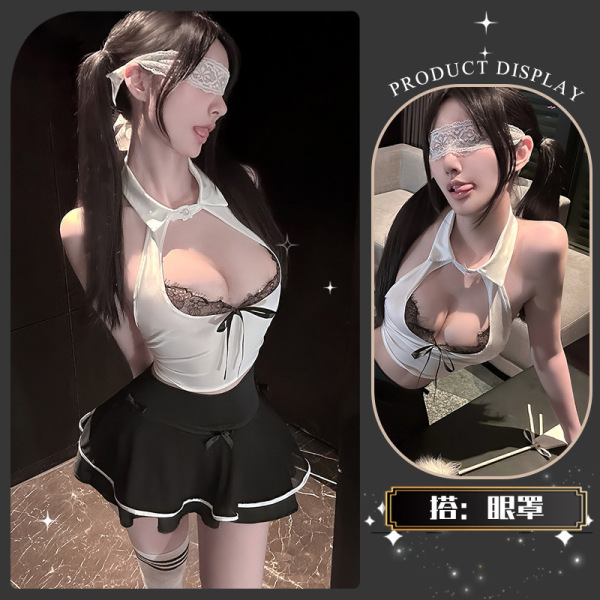 Chao Mu Lace JK Style Lingerie Set - Seductive Butterfly Bow Sheer Cup Corset & Maid-Inspired Erotic Outfit - Tears streaming down her face + eye mask