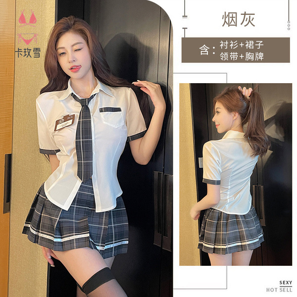 Kameixue Cosplay JK Uniform Skirt Set - Cute Schoolgirl Outfit for Roleplay & Photoshoots - Ash gray (tie + shirt + name tag + skirt)