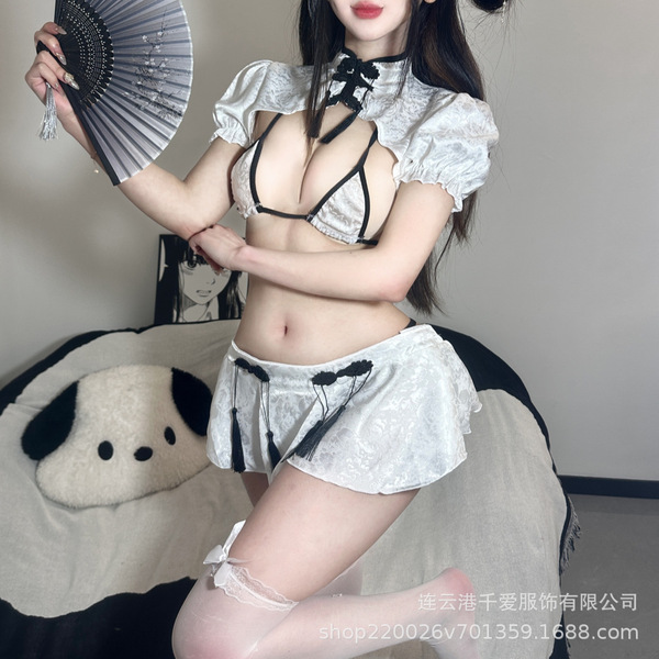 Classic Chinese Qipao Lingerie Set - Seductive Pure-Delight Sleepwear & No-Remove Uniform Dress with Vest thumbnail