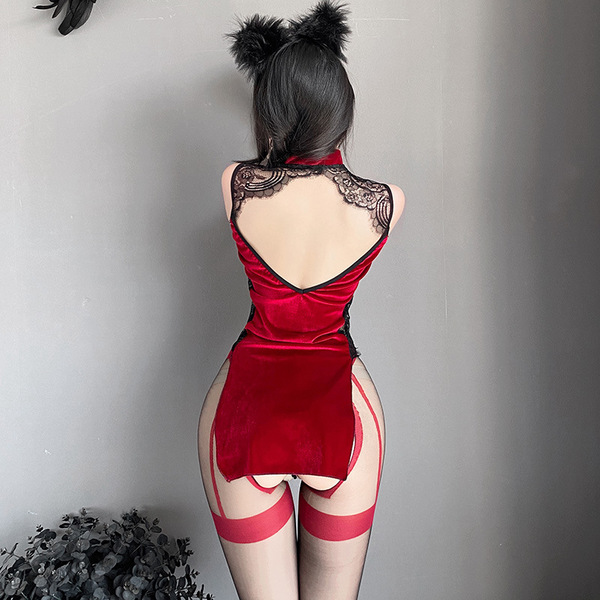 Sexy red lace backless robe with cat ears, perfect for intimate apparel and sleepwear. classic chinese design.