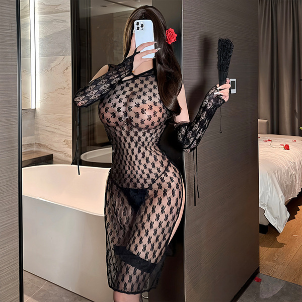 Classic seductive lace cheongsam lingerie set - sheer transparent floral erotic outfit for women, featuring elegant sheer fab...