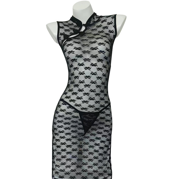 Classic seductive lace cheongsam lingerie set - sheer transparent floral erotic outfit for women, featuring elegant sheer fab...