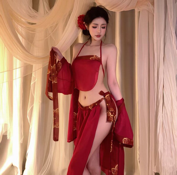 Lubei Vintage Chinese-Inspired Lingerie Set – Plus Size Hanfu-Style Busty Bodysuit, Modest Yet Alluring Sleepwear Ensemb - Classic Dudou Set [Dudou + Skirt + Outer Robe + Belt + T-shirt]