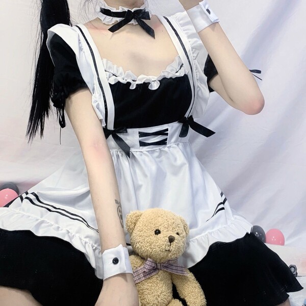Adorable Japanese Lolita Maid Dress - Cute Soft Girl Anime Costume for Daily Wear & Stage Performance - Six-piece clothing set + white socks
