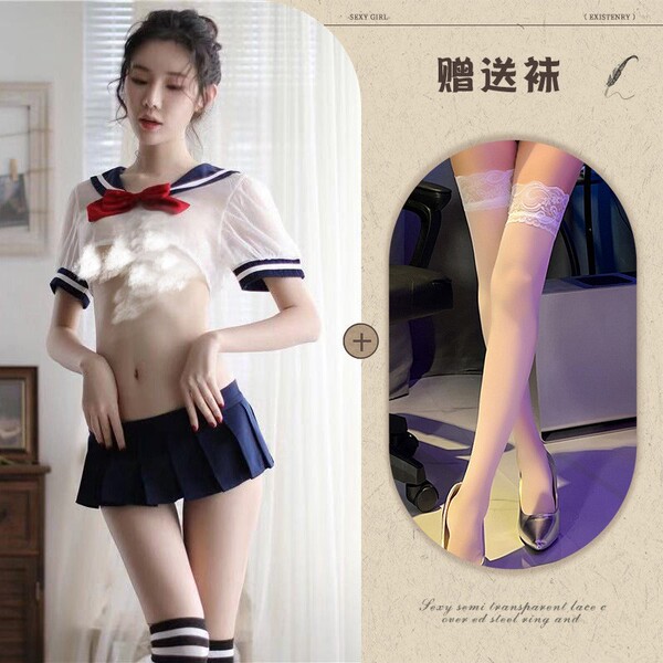 Plus Size Sexy Strawberry Lingerie Set - Cute Sheer Sailor Uniform Two-Piece Outfit - Clothing set + white stockings