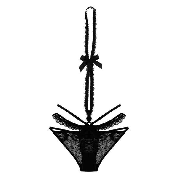 Elegant black lace bikini panties featuring detachable halter neck design with bow detail and mid-low waistband for pure temp...
