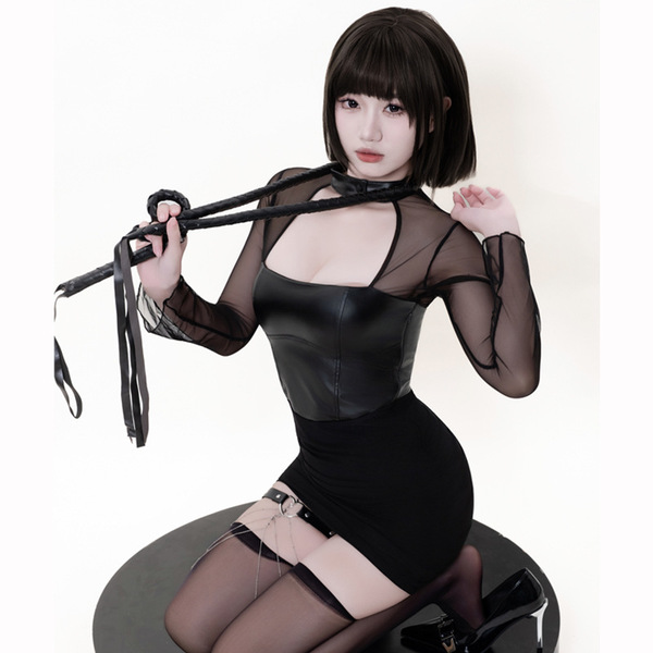 Sexy black mesh leather mini dress with thigh-high stockings and high heels, perfect for bold and alluring looks.
