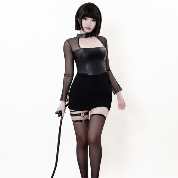 Genuine cloud lingerie black mesh leather mini dress - sexy tight bodycon skirt for bold & alluring looks