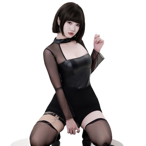 Genuine cloud lingerie black mesh leather mini dress - sexy tight bodycon skirt for bold & alluring looks
