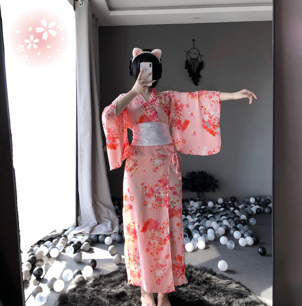 Linlinting Japanese Kimono-Style Cat Girl Lingerie Set - Elegant Long Sheer Sleepwear for Women - Image color (jacket + waist belt + thong) + matching headpiece (heart-shaped cat headpiece)