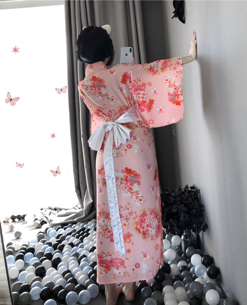 Japanese Kimono-Style Lingerie Set for Women – Long Cat Girl Sleepwear, Seductive & Elegant Nightwear - Image color (jacket + waist belt + thong)