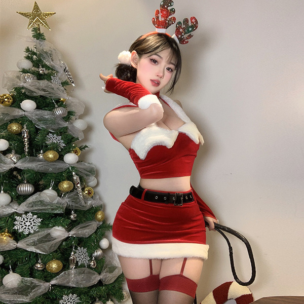Velvet Bunny Costume Dress - Sexy Mesh Lace Sleepwear for New Year's Eve Party - 9907 [Necklace + Top + Skirt + Belt + Sleeves]