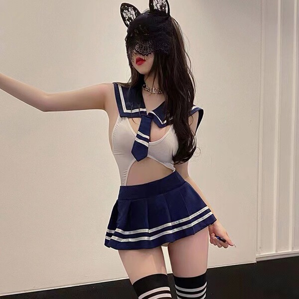 College-themed lingerie set featuring a sailor-style top with a tie and sailor skirt, perfect for role play outfits.