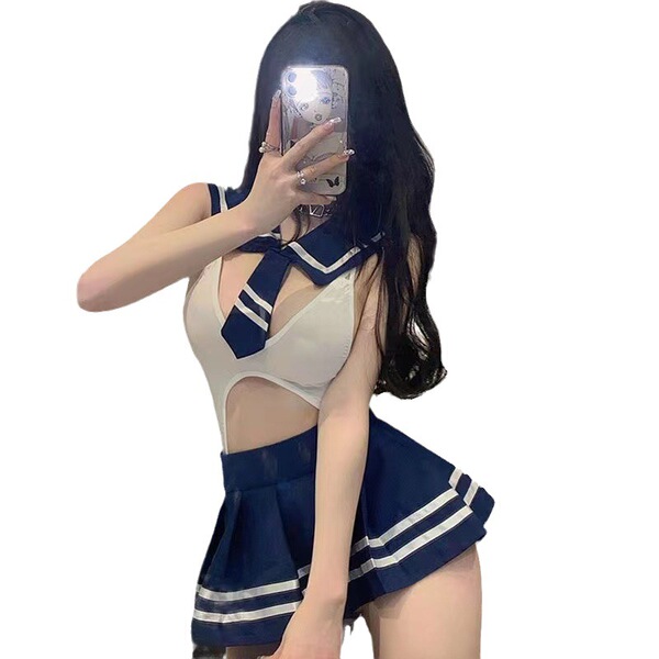 College-themed lingerie set featuring a sailor-style top with cutouts and a matching skirt, perfect for role play outfits.