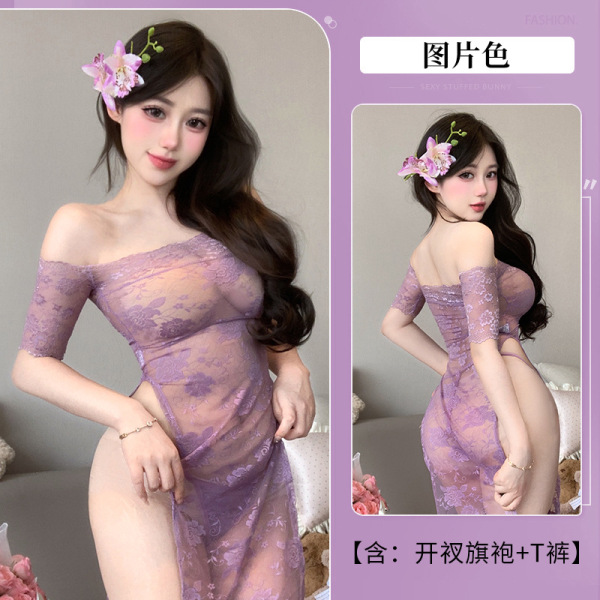 Pure & Seductive Sheer One-Shoulder Qipao Lingerie Set - No-Remove Rearless Temptation Outfit - Image color