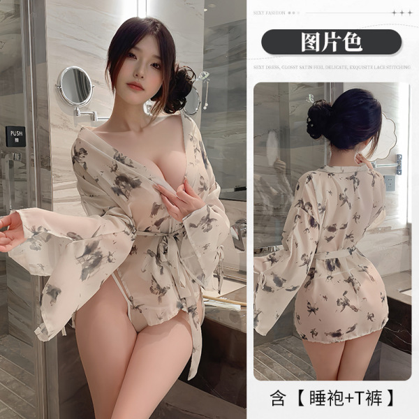 Butterfly Print Sheer Deep V Kimono Robe Set - No-Remove Sensual Lingerie Sleepwear - Image color