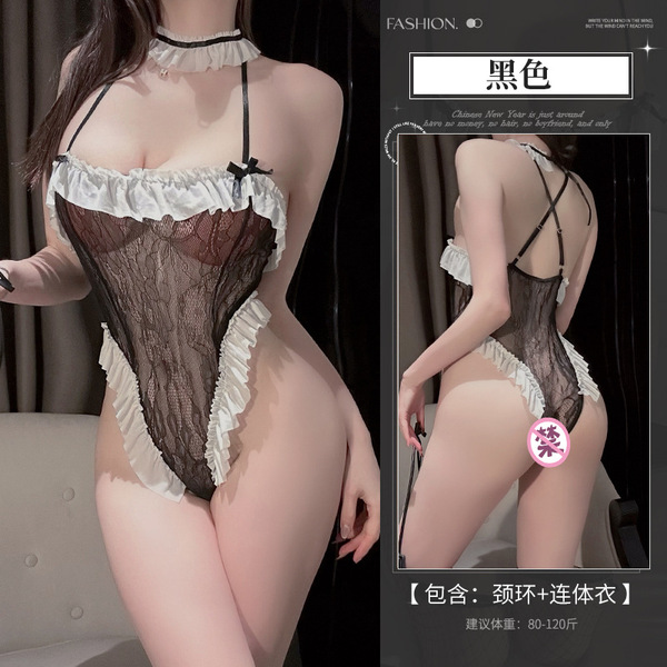 Lace Temptation Bodysuit - Sexy Open-Crotch Strap Top, Pure & Bold Sleepwear Set for Women - Image color