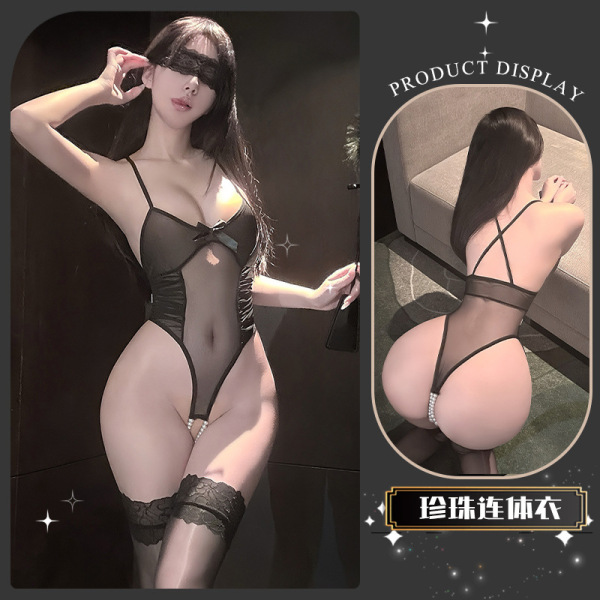 Chaomu Sensual Lingerie Set – Sheer Pure-Desire Erotic Outfit with Stockings & Insertable Design for Women - Cookie Beaded Bodysuit
