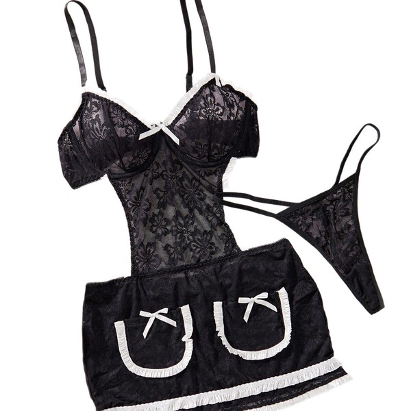 Black lace maid costume set with apron, featuring floral patterns and white trim for spicy roleplay lingerie.