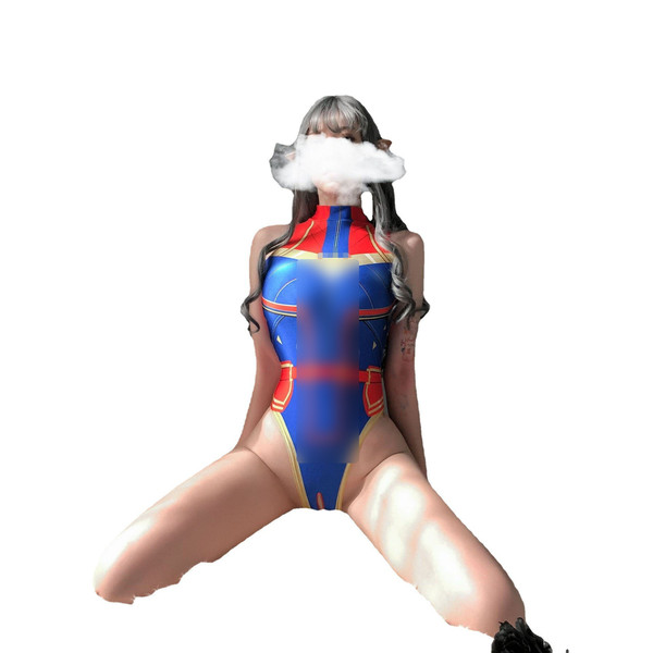 Sexy anime-inspired superhero costume set featuring a bold blue, red, and yellow design, perfect for cosplay and role play ou...