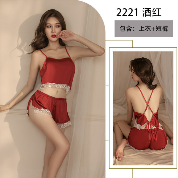 Woman modeling red satin lingerie set with lace trim; includes camisole top and shorts, shown front and back views for luxury...