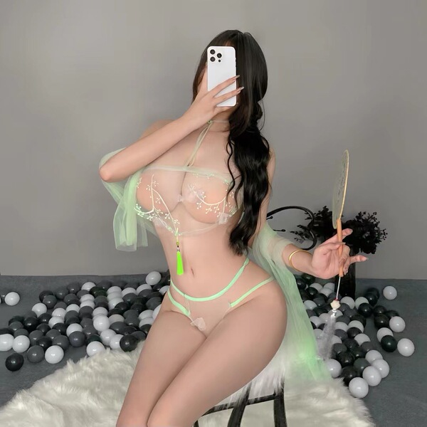 Lace Sheer Sleepwear Set - Chinese-Inspired Pure Temptation Hanfu-Style Busty Lingerie & Bedtime Bodysuit - Court style (shawl + bellyband + underwear)