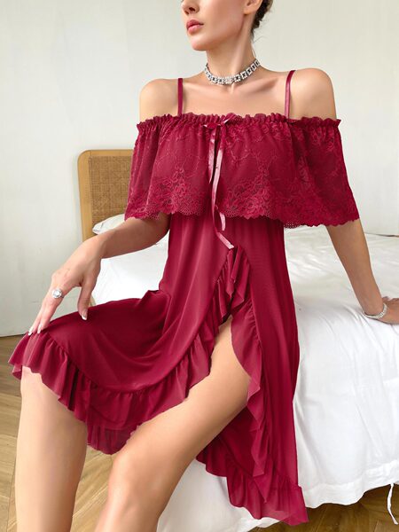 Plus Size Sexy Lace Sleepwear Set - Sheer Off-Shoulder Nightgown for Women, Transparent Romantic Lounge Dress - Claret