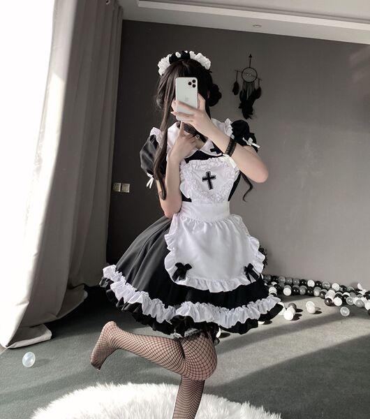 Maid Costume Cosplay Dress - Cute Anime Cat Girl Lolita Outfit for Women - Cross Maid Black