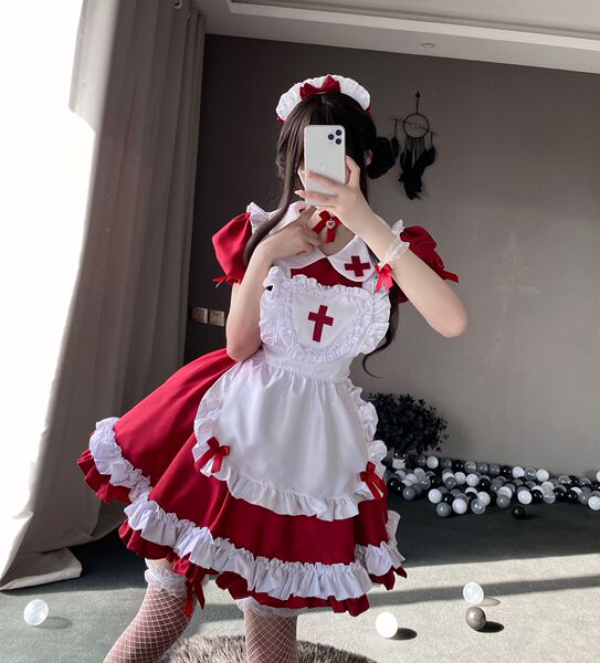 Anime Maid Costume - Cute Lolita Cosplay Dress for Halloween, Anime Convention & Role Play - Red Cross Maid