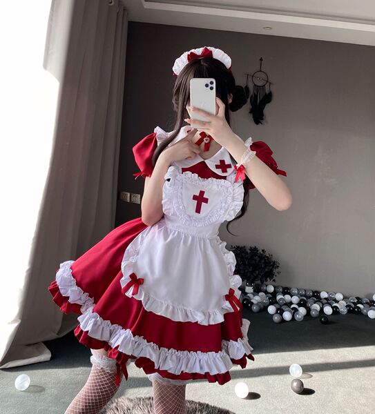 Anime Maid Costume Dress - Cute Lolita Cosplay Outfit for Halloween, Anime Conventions & Roleplay - Red Cross Maid