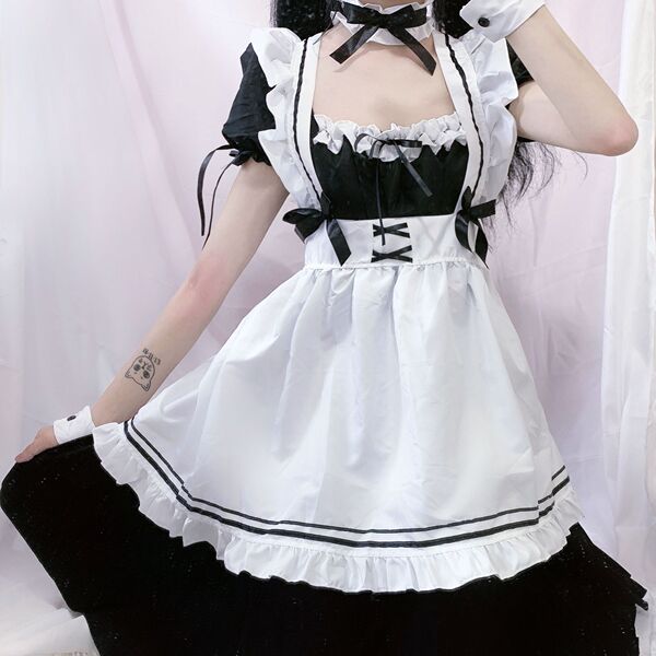 Custom maid costume cosplay dress featuring cute japanese lolita design with black and white ruffles, perfect for women seeki...