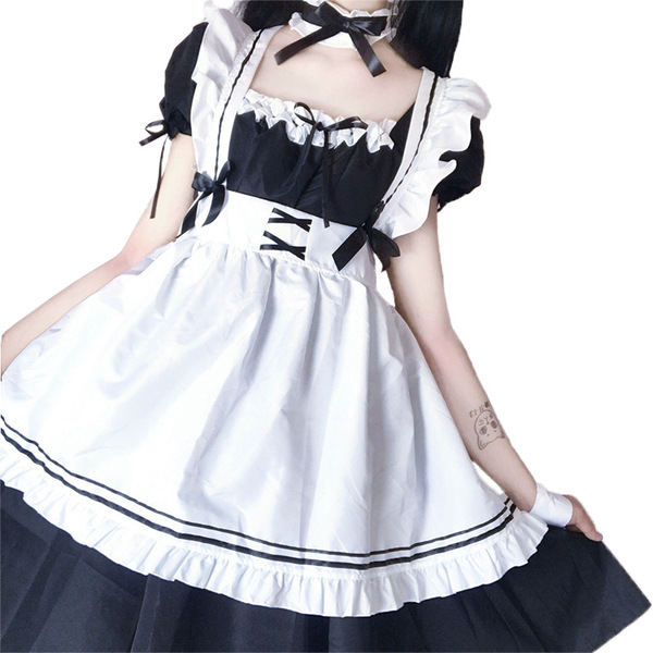 Custom maid costume cosplay dress featuring cute japanese lolita design with black and white colors, perfect for womens serva...